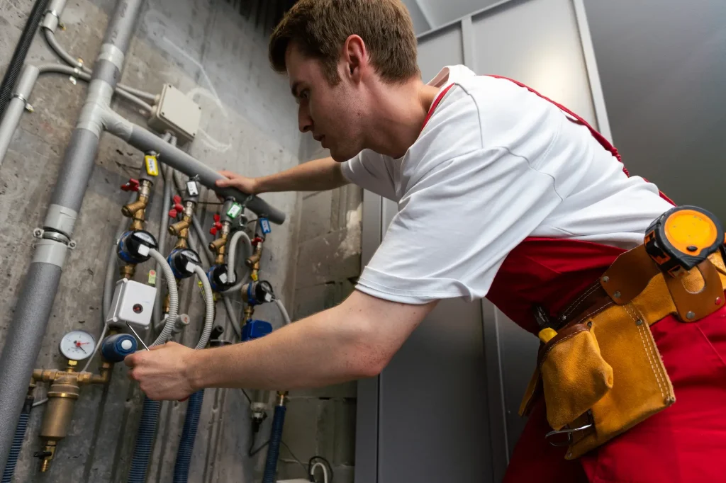 Plumber in red overalls with a tool belt adjusting pipes on a wall.