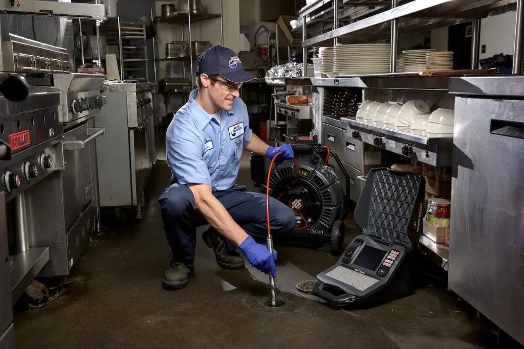 Technician inspecting restaurant plumbing with camera.