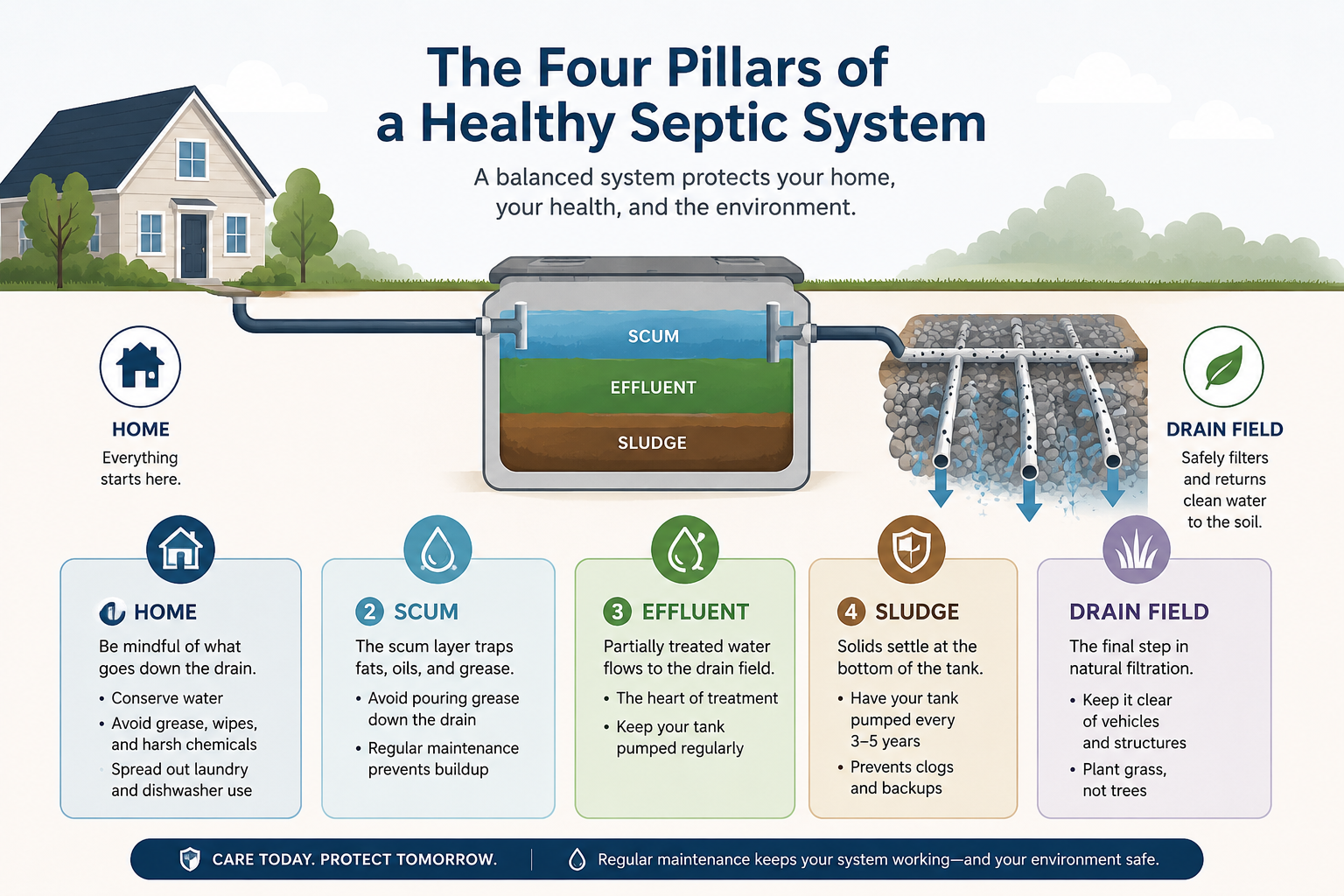 Infographic showing the four pillars of a healthy septic system: home, scum, effluent, sludge, and drain field, with maintenance tips for each stage.
