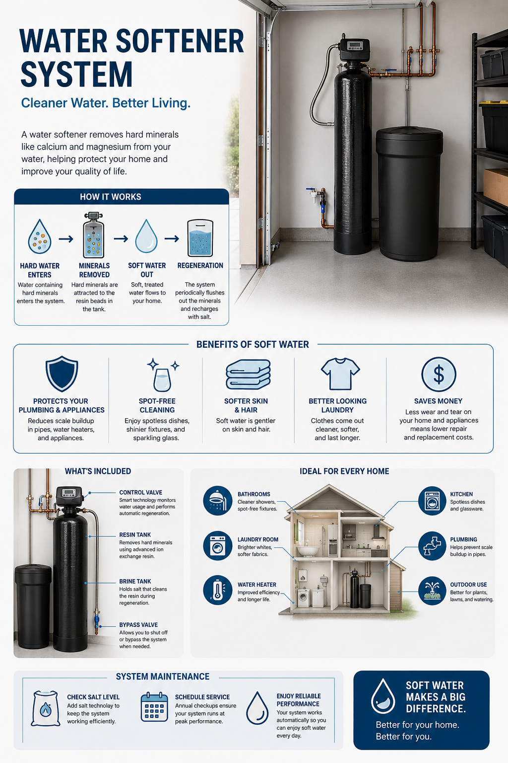 Water softener system infographic: how it works, the benefits of soft water, what's included, room-by-room benefits, and system maintenance.