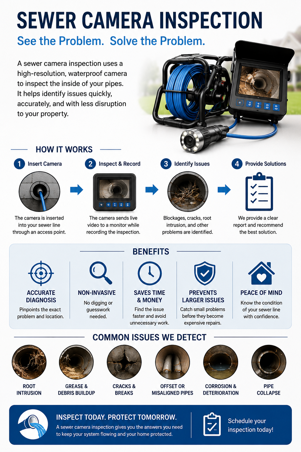 Sewer camera inspection infographic: how it works, benefits, and the common issues it detects including root intrusion, cracks, offset pipes, corrosion, and pipe collapse.