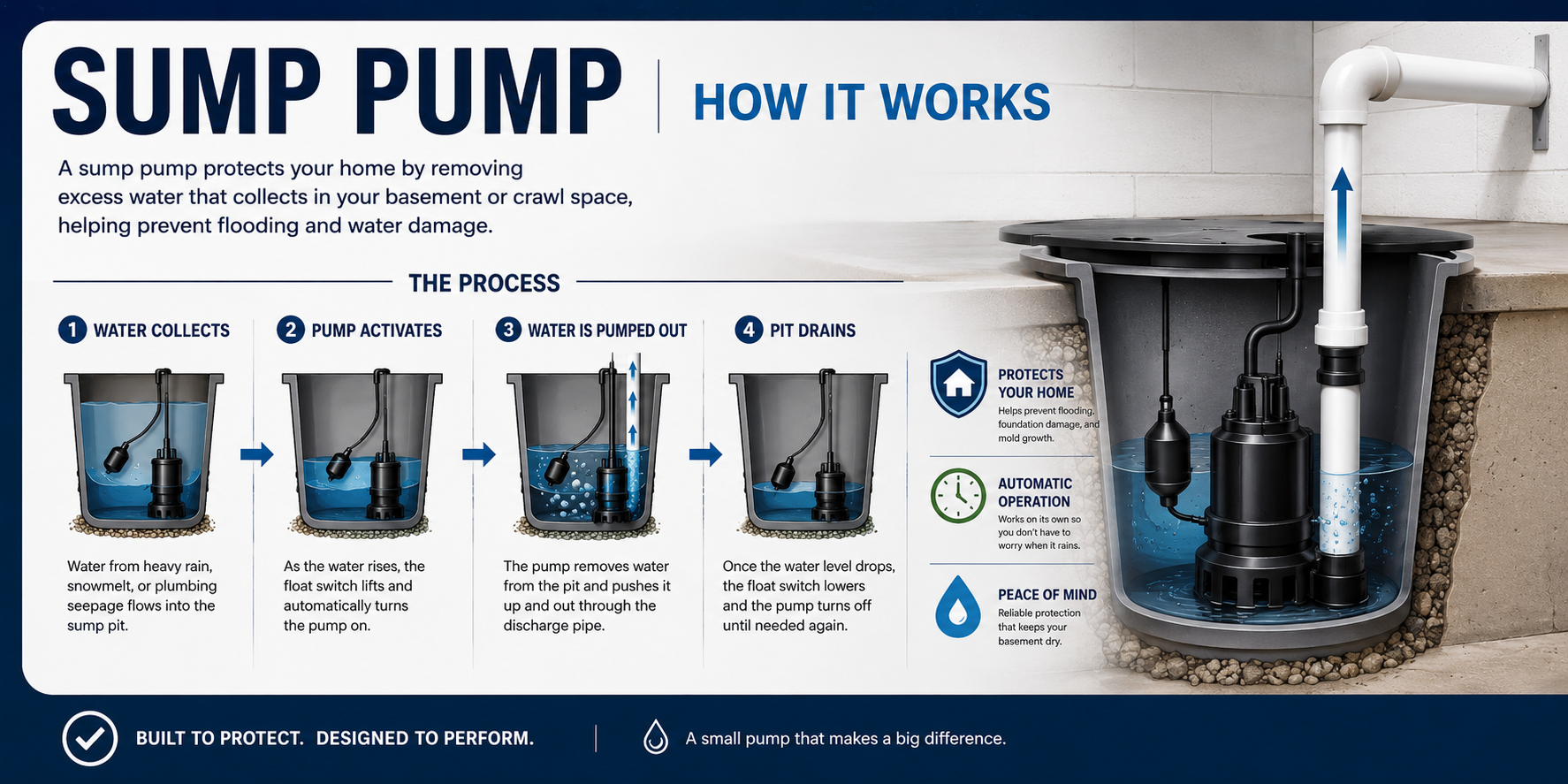 Sump pump how-it-works infographic: water collects in the pit, the pump activates, water is pumped out through the discharge pipe, and the pit drains.