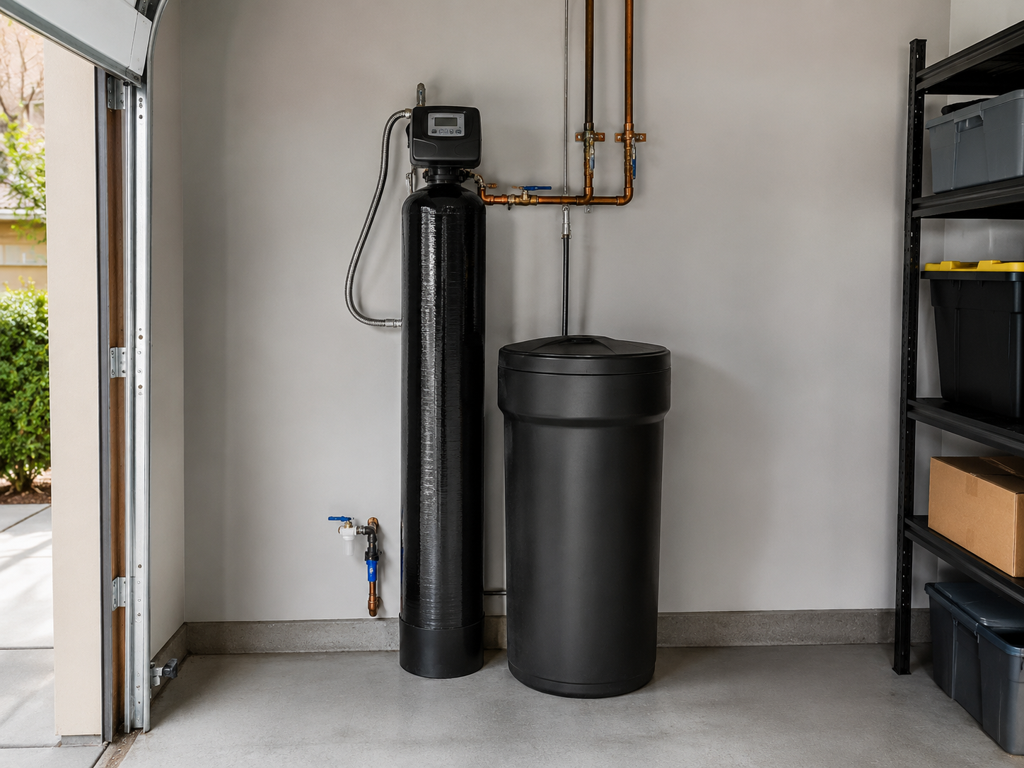 Water softener tank system installed in a home garage