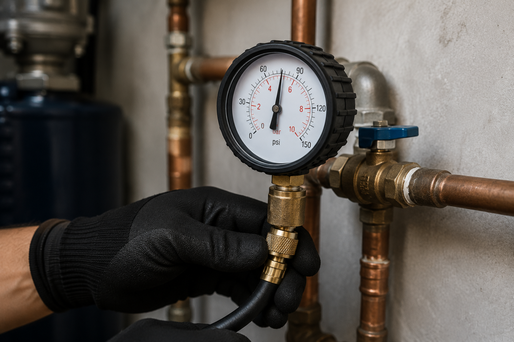 Plumber using a pressure gauge to test a residential plumbing line for leaks