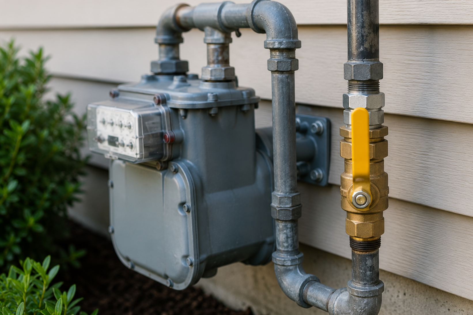 Residential gas meter and shutoff valve on the exterior of a home
