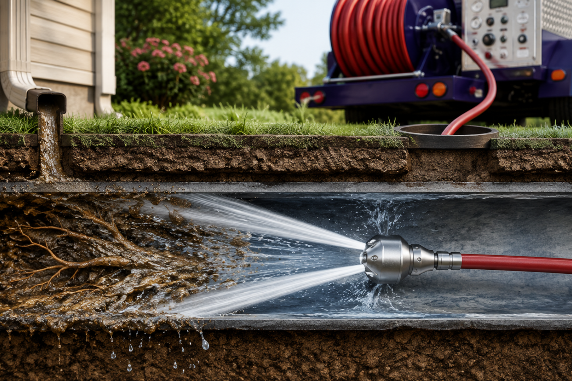 Hydro jet nozzle inside a pipe blasting water to clear buildup