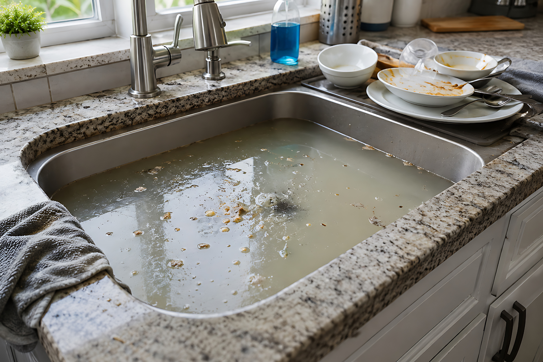 Kitchen sink with standing water from a clogged drain