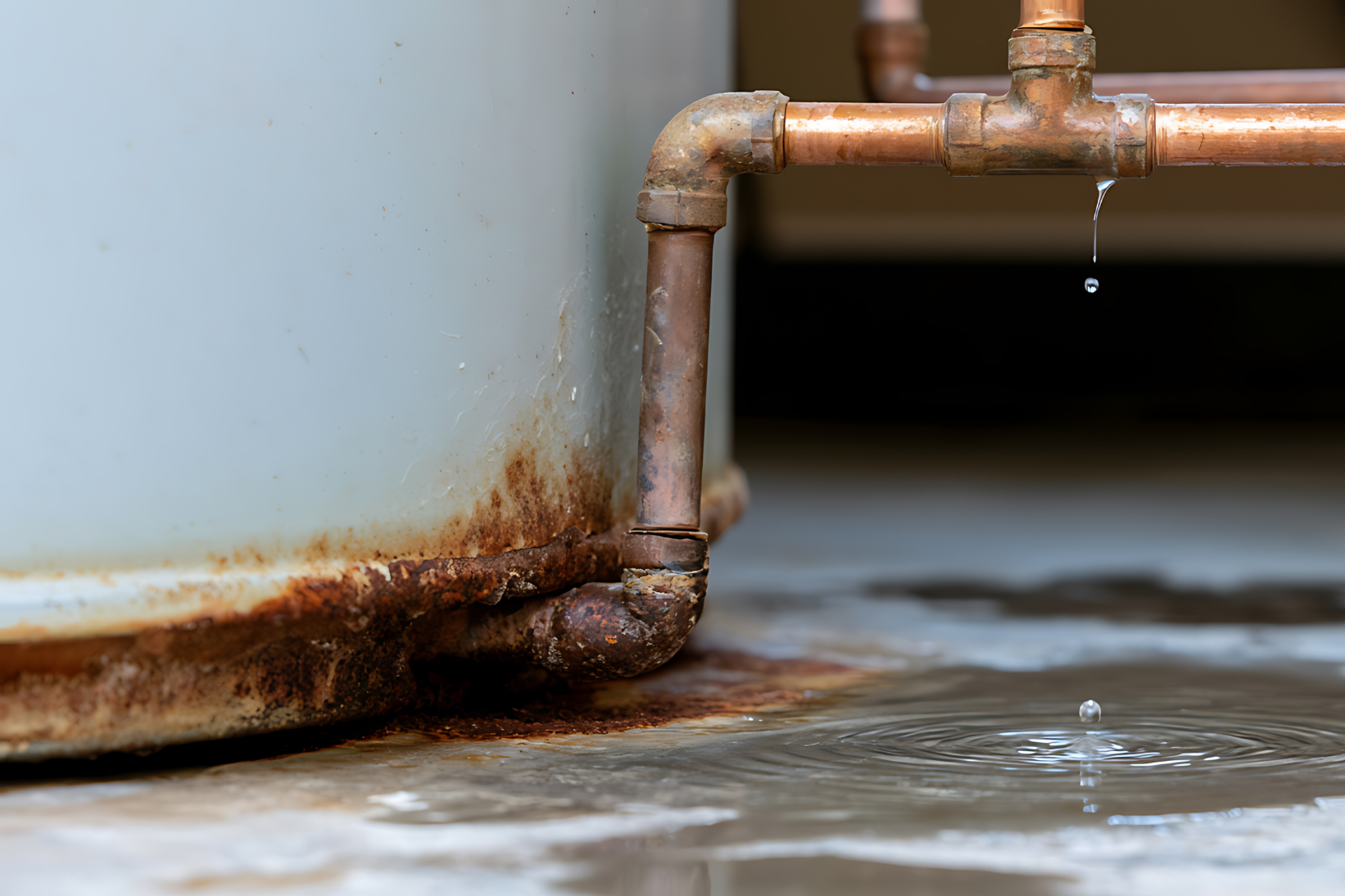 Old rusted water heater leaking at the base, showing corrosion on the copper connections