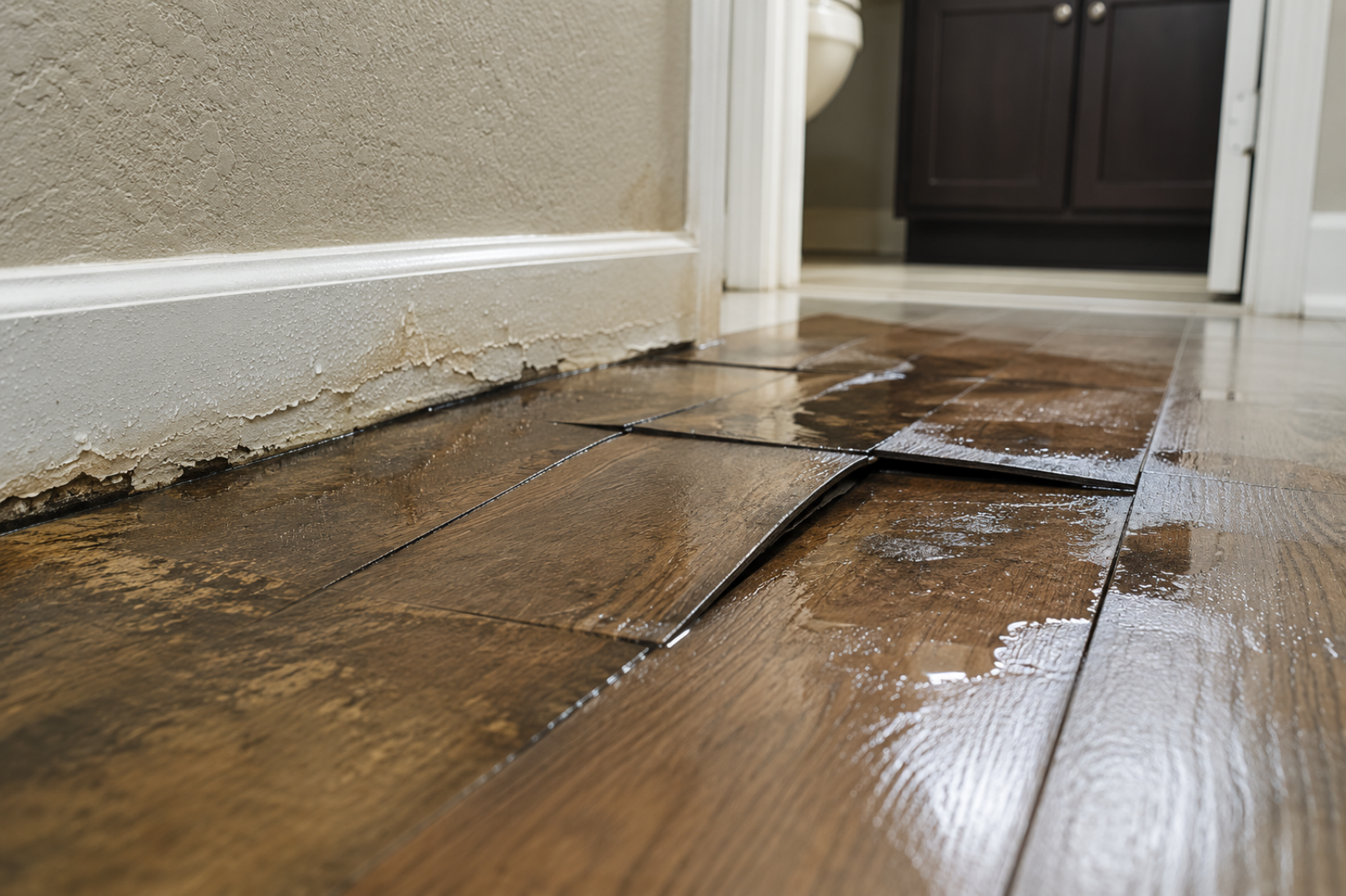 Warped hardwood flooring caused by water damage from a slab leak