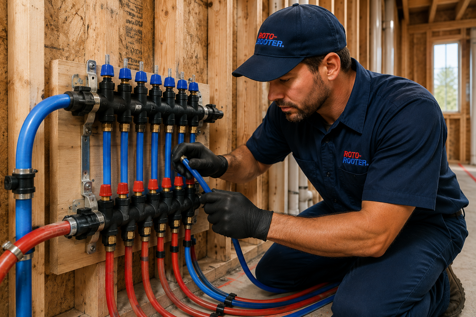 PEX pipe manifold installation in a new construction project showing red and blue tubing