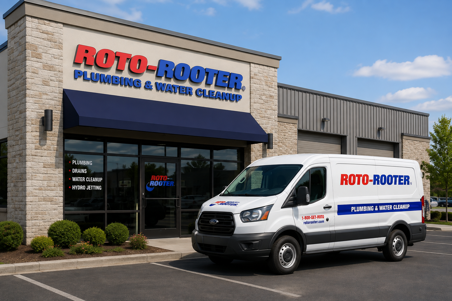 Roto-Rooter Plumbing and Water Cleanup storefront with service van