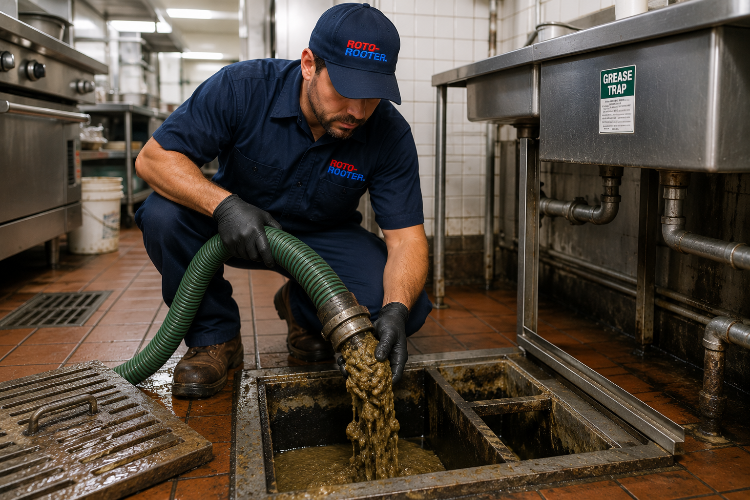 Commercial plumber cleaning a grease trap at a restaurant