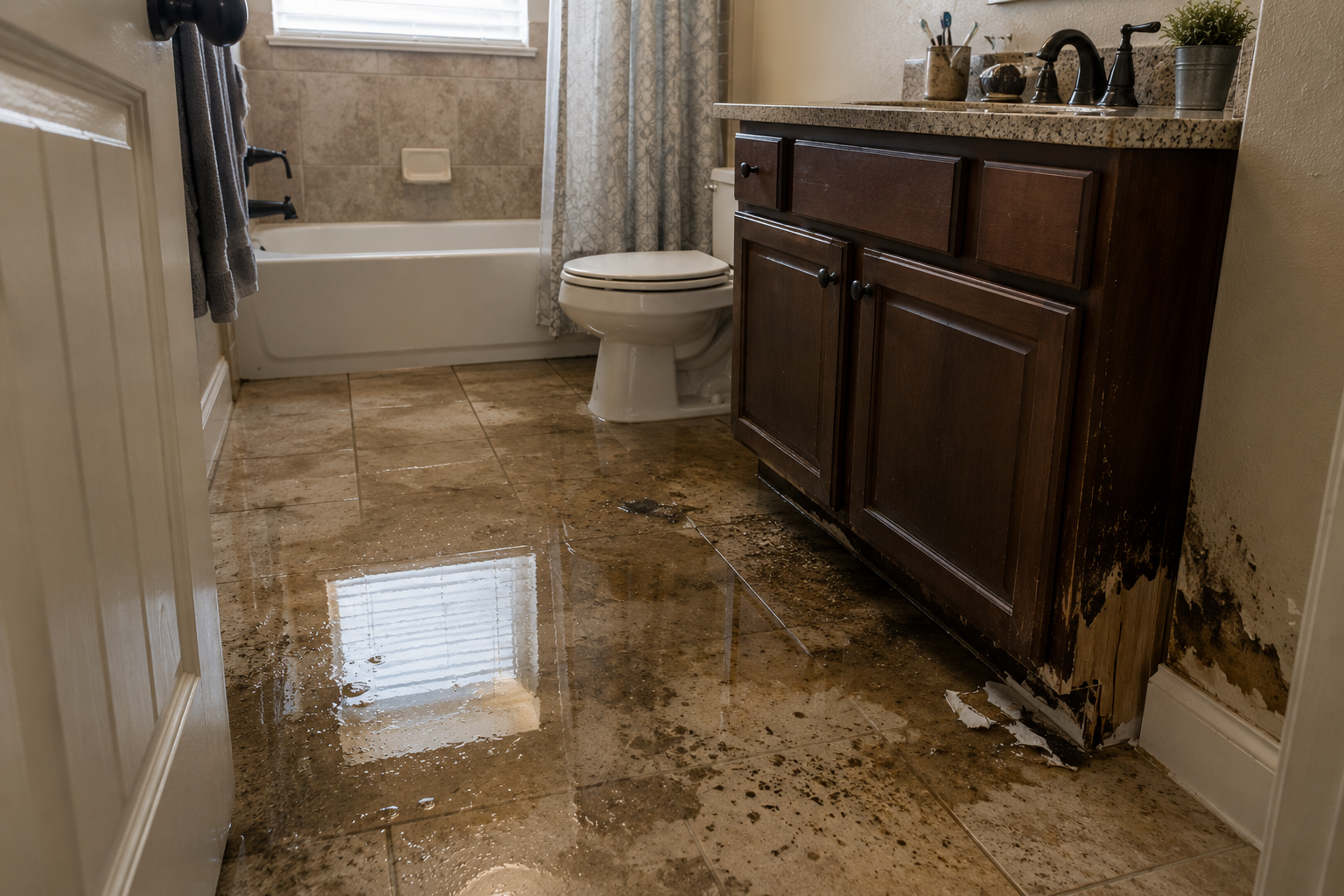 Flooded bathroom floor showing water damage from a plumbing emergency