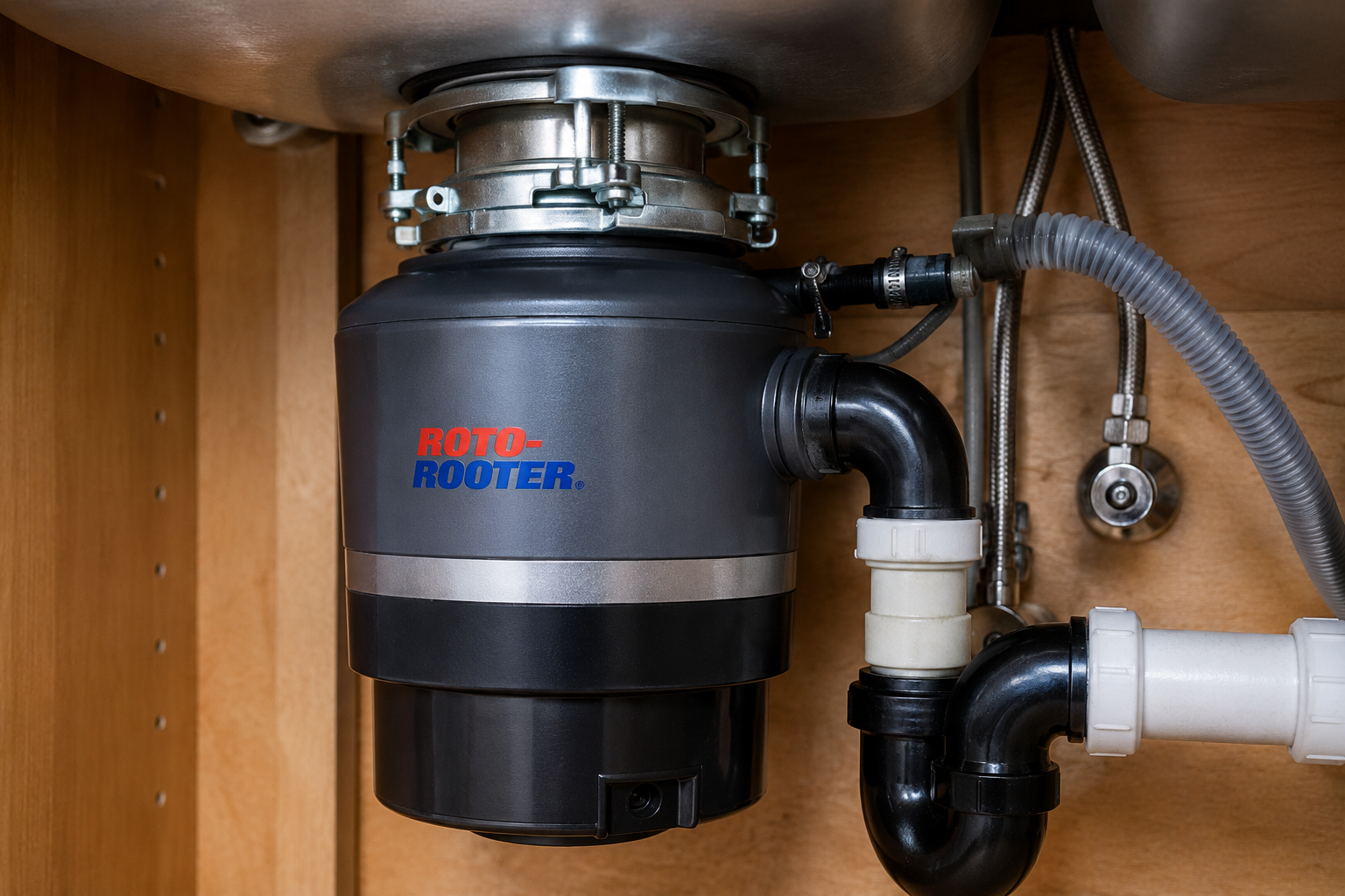 Close-up of a garbage disposal unit installed under a kitchen sink
