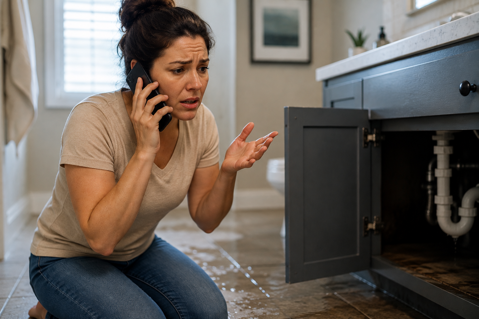 Worried homeowner on a phone call during a plumbing emergency