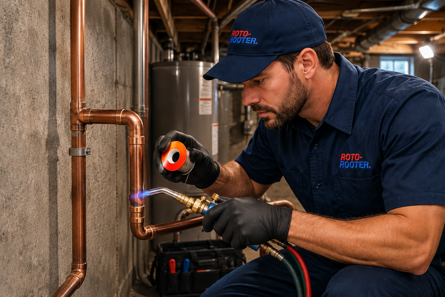 Plumber repairing a copper pipe in a residential wall