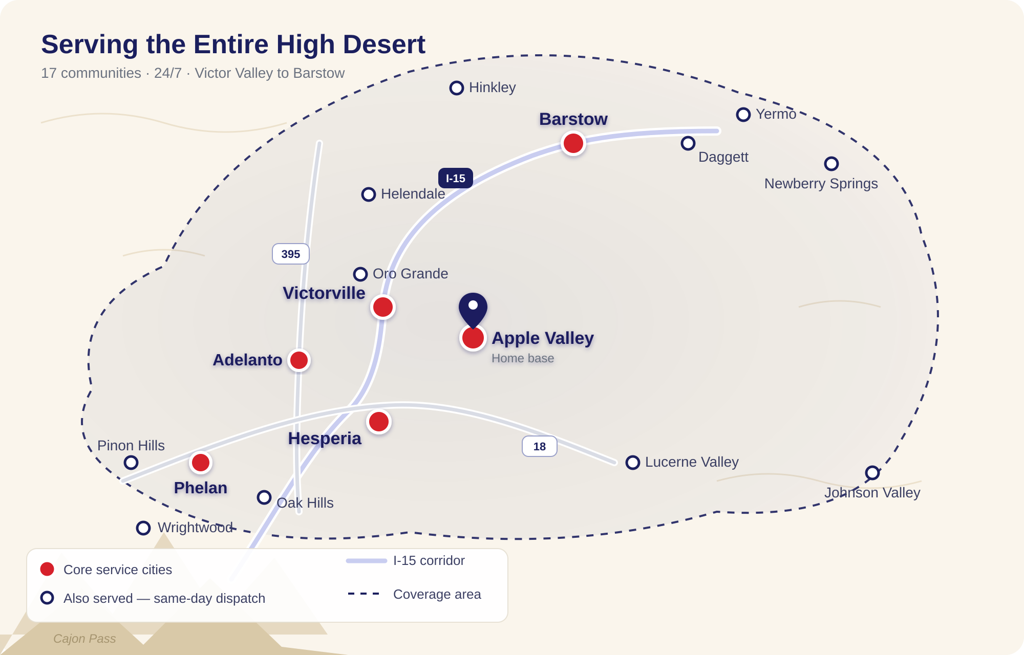 Map of the High Desert service area covering 17 communities from the Victor Valley to Barstow